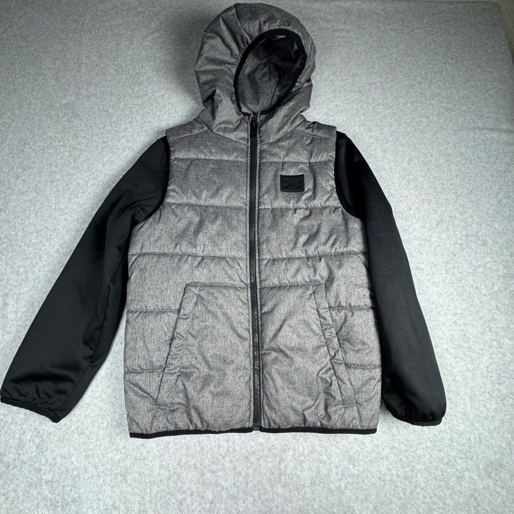 Under Armour Boys Grey Black Hybrid Puffer Hooded Jacket Youth Medium YM